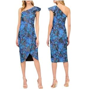 AIDAN MATTOX by ADRIANNA PAPELL Stretch Jacquard Midi Dress Blue Metallic Sz 16